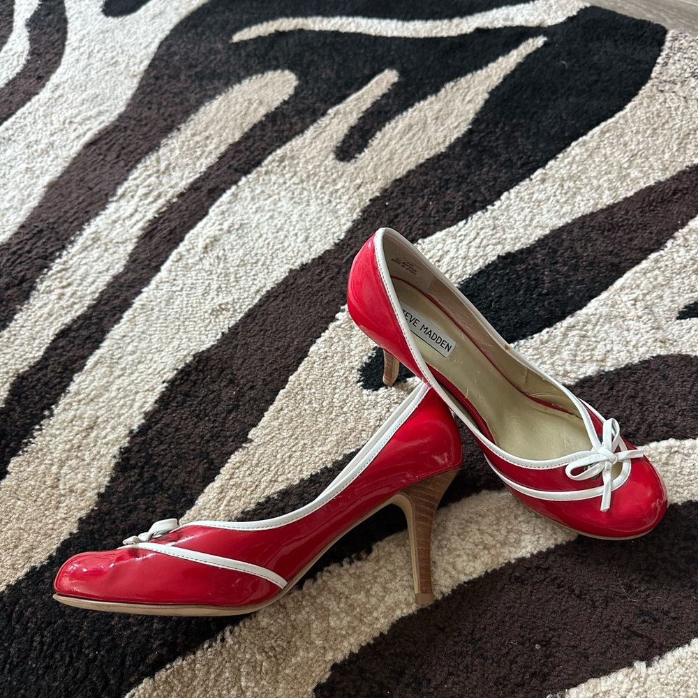 Steve Madden Red Patent Heels with White Trim and Bow